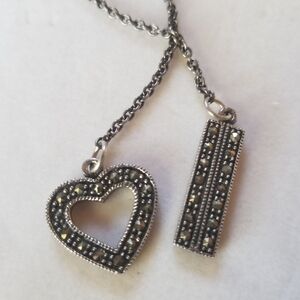 Vintage Silver Heart Marcasite Pendant Lariot Necklace